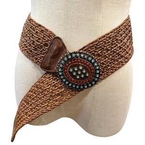 Leatherock Brown Woven Leather Belt Beaded Statement Buckle USA Made western Y2K